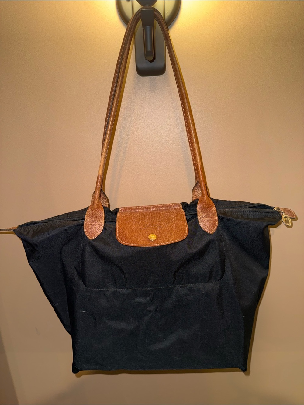 Longchamp Black Nylon Tote with Brown Leather Trim and Handles